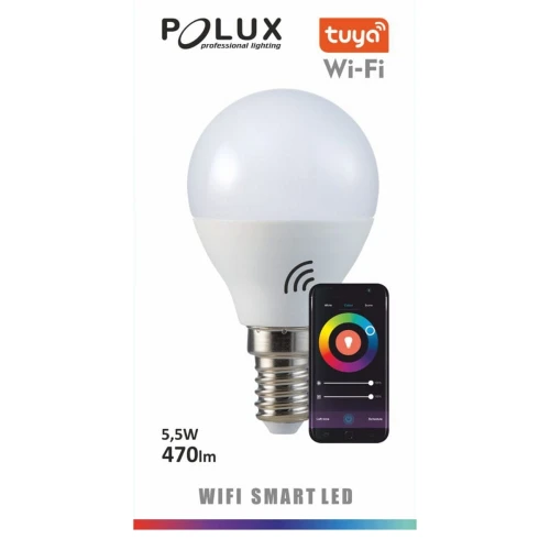 Żarówka sterowana aplikacją przez wifi G45 E14 470lm 5W 2700K-6500K+RGB Tuya POLUX 313799 | 5901508313799