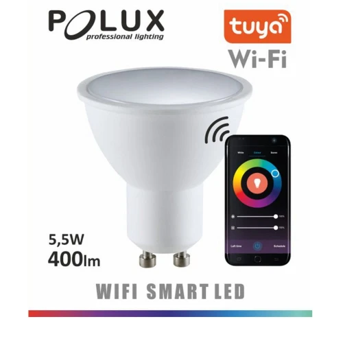 GU10 Sterowana aplikacją przez wifi 400lm 5,5W 2700K-6500K+RGB Tuya POLUX 313805  5901508313805 lampynox noxbox www.lampynox.pl