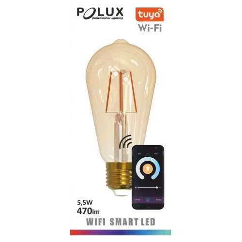 Żarówka dekoracyjna Filament ST64 sterowana aplikacją przez wifi E27 Amber 470lm 5,5W 1800K-2700K Tuya POLUX 313829 | 5901508313829