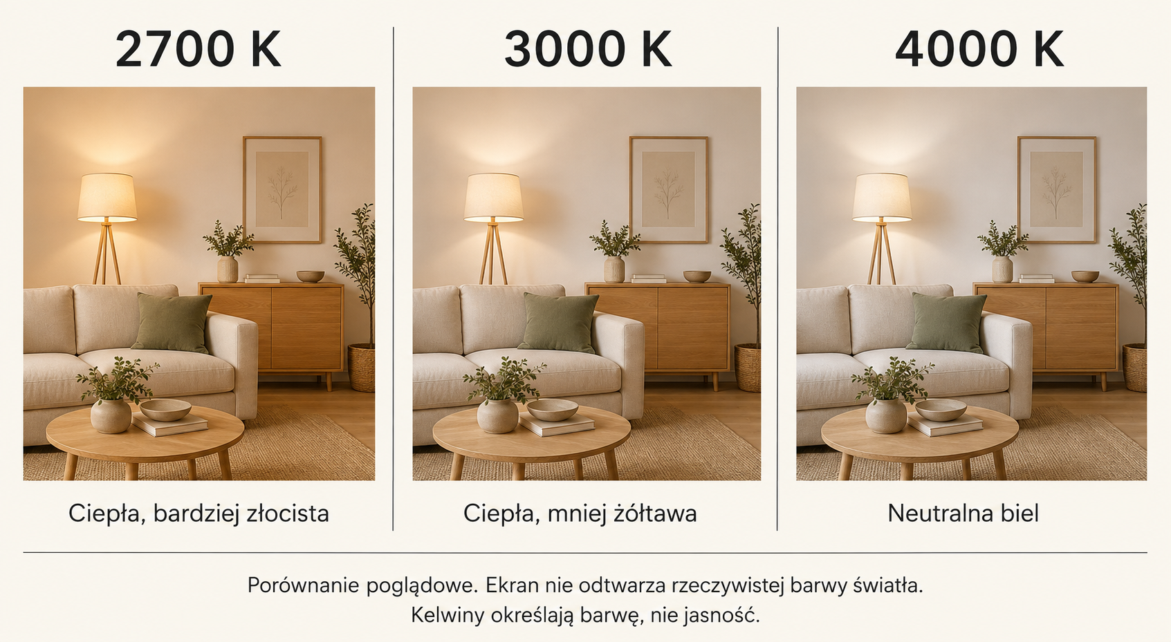 Trzy poglądowe ujęcia salonu porównujące ciepłe światło 2700 K i 3000 K z neutralnym 4000 K.